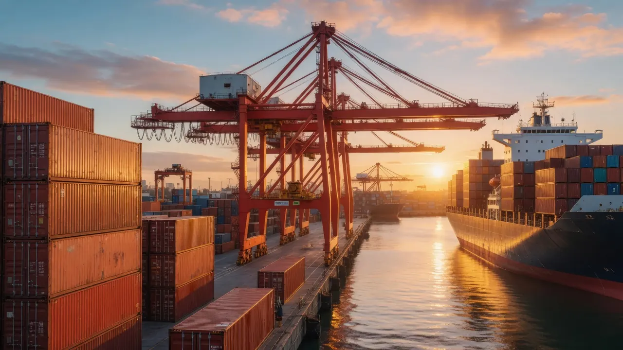 Shipping port with containers, crane and cargo vessel at sunset